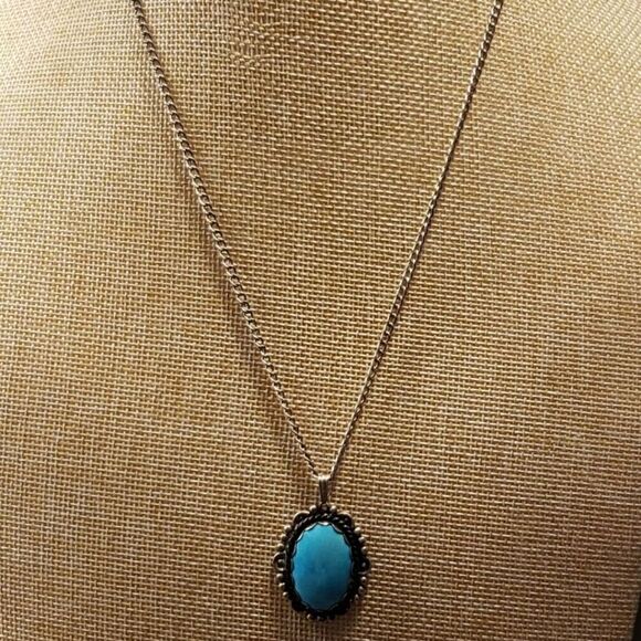 Sterling Silver Necklace Vintage With Turquoise 20" Long Pendant 1.43" - Picture 2 of 6
